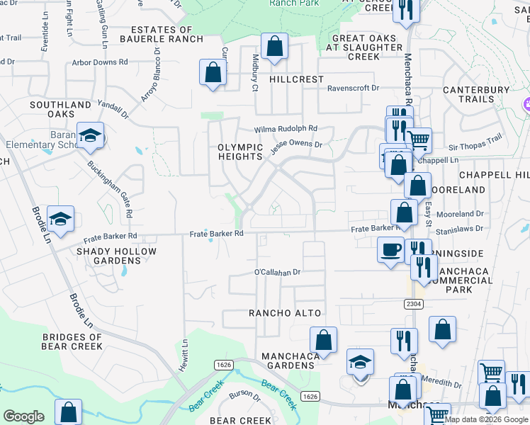 map of restaurants, bars, coffee shops, grocery stores, and more near 11904 Johnny Weismuller Lane in Austin