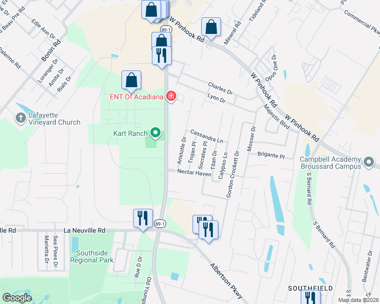 map of restaurants, bars, coffee shops, grocery stores, and more near 107 Trojan Place in Lafayette