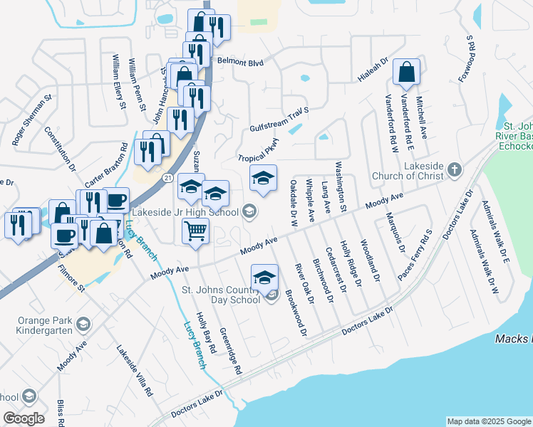 map of restaurants, bars, coffee shops, grocery stores, and more near 2750 Moody Avenue in Orange Park
