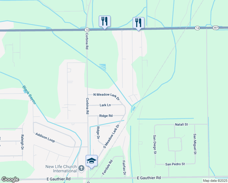 map of restaurants, bars, coffee shops, grocery stores, and more near 3130 N Meadow Lark Dr in Lake Charles