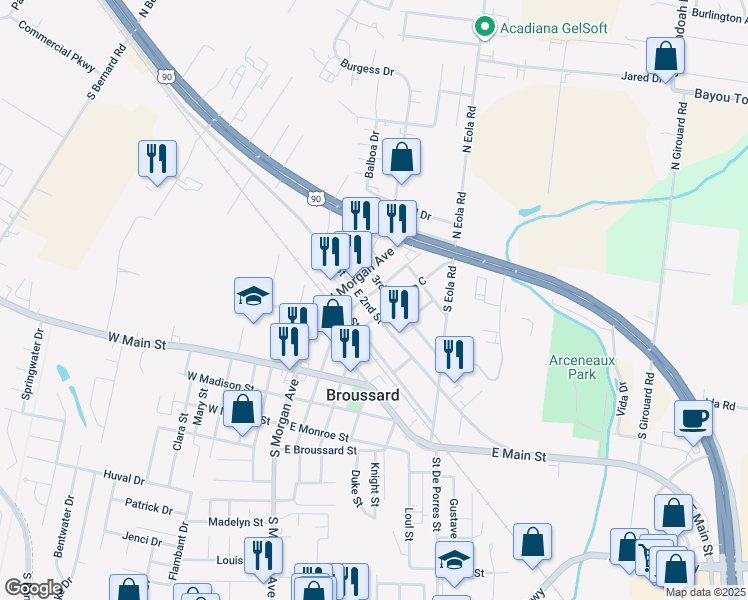 map of restaurants, bars, coffee shops, grocery stores, and more near 203 East 2nd Street in Broussard