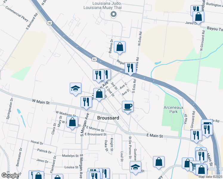 map of restaurants, bars, coffee shops, grocery stores, and more near 203 East 2nd Street in Broussard