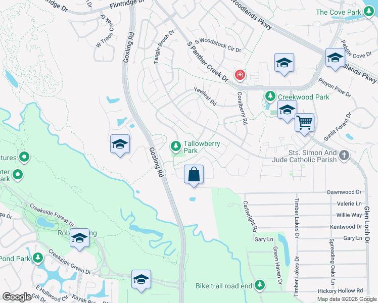 map of restaurants, bars, coffee shops, grocery stores, and more near 25 North Wavy Oak Circle in The Woodlands