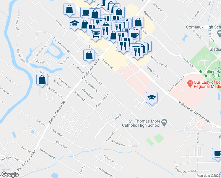 map of restaurants, bars, coffee shops, grocery stores, and more near 121 Kensington Drive in Lafayette