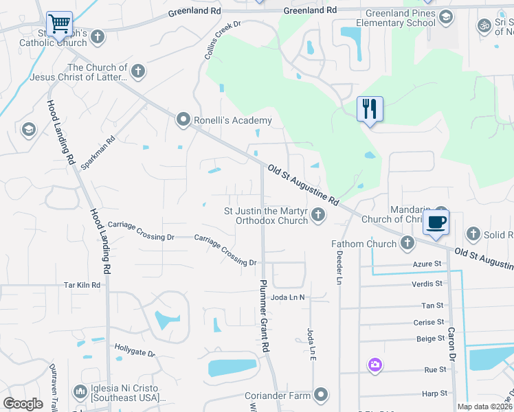 map of restaurants, bars, coffee shops, grocery stores, and more near 12231 Plummer Grant Road in Jacksonville