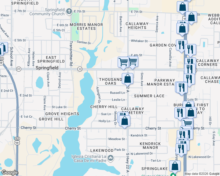map of restaurants, bars, coffee shops, grocery stores, and more near 4110 Russell Lane in Panama City