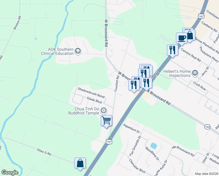 map of restaurants, bars, coffee shops, grocery stores, and more near 241 Touchet Road in Lafayette