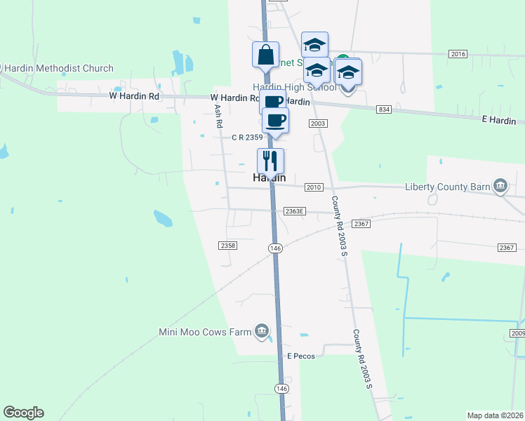 map of restaurants, bars, coffee shops, grocery stores, and more near 131 County Road 2363 West in Liberty