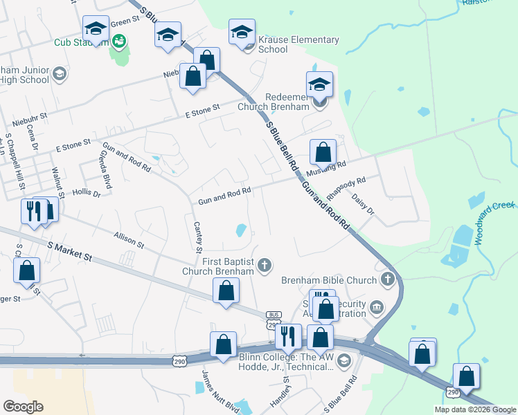 map of restaurants, bars, coffee shops, grocery stores, and more near 2409 Oak Hollow Lane in Brenham