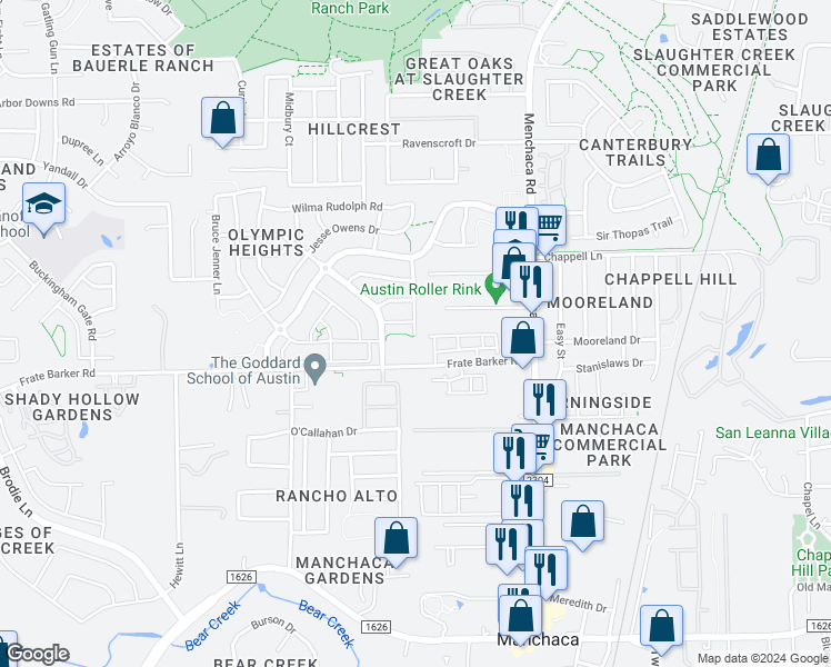 map of restaurants, bars, coffee shops, grocery stores, and more near 11612 Landseer Drive in Austin