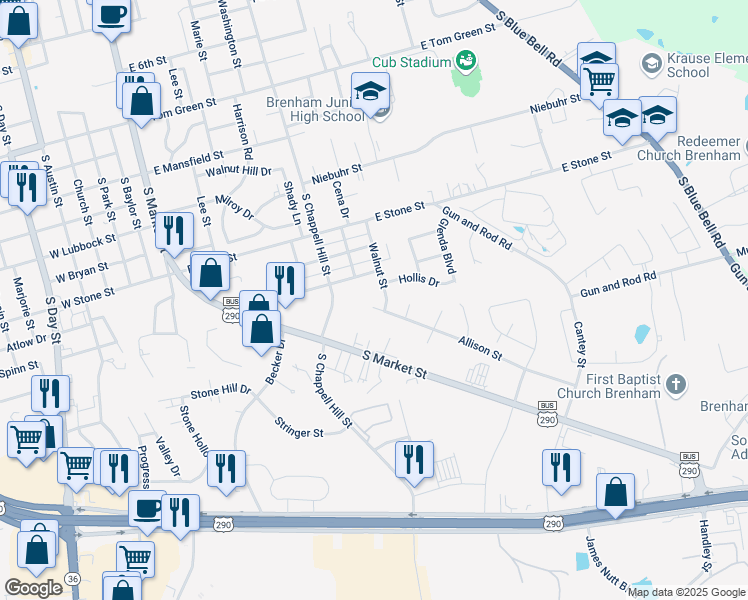 map of restaurants, bars, coffee shops, grocery stores, and more near 1101 Hollis Drive in Brenham