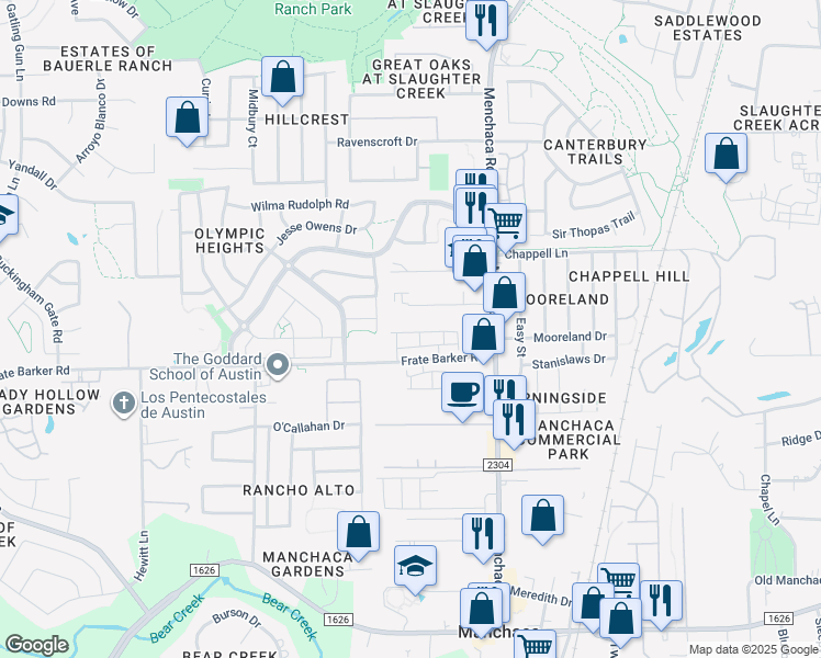map of restaurants, bars, coffee shops, grocery stores, and more near 11600 Menchaca Road in Austin