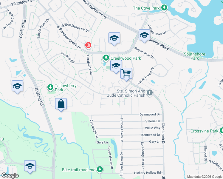 map of restaurants, bars, coffee shops, grocery stores, and more near 3500 Tangle Brush Drive in The Woodlands