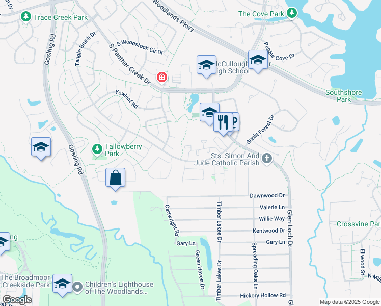 map of restaurants, bars, coffee shops, grocery stores, and more near 3500 Tangle Brush Drive in Spring