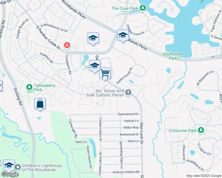 map of restaurants, bars, coffee shops, grocery stores, and more near 60 Sunlit Forest Drive in Spring