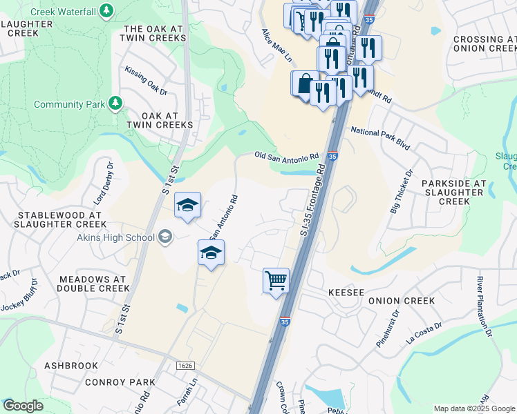 map of restaurants, bars, coffee shops, grocery stores, and more near 10301 Old San Antonio Road in Austin