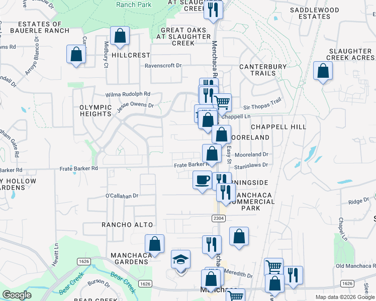 map of restaurants, bars, coffee shops, grocery stores, and more near 11600 Menchaca Road in Austin