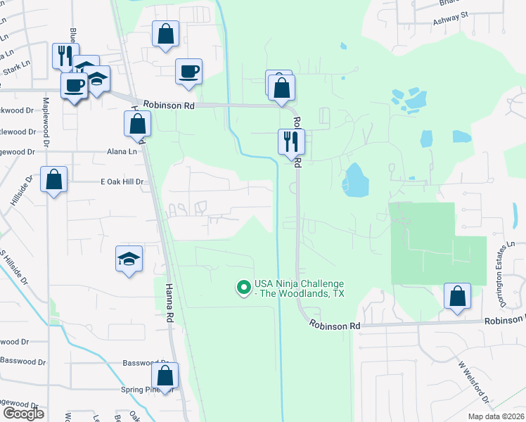 map of restaurants, bars, coffee shops, grocery stores, and more near 11308 Hillridge Drive in Conroe