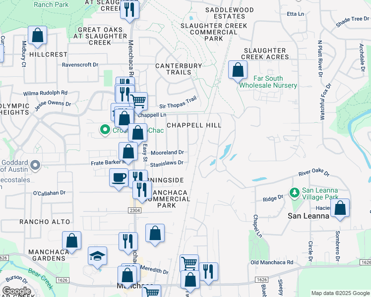map of restaurants, bars, coffee shops, grocery stores, and more near 11504 Robert Wooding Drive in Austin
