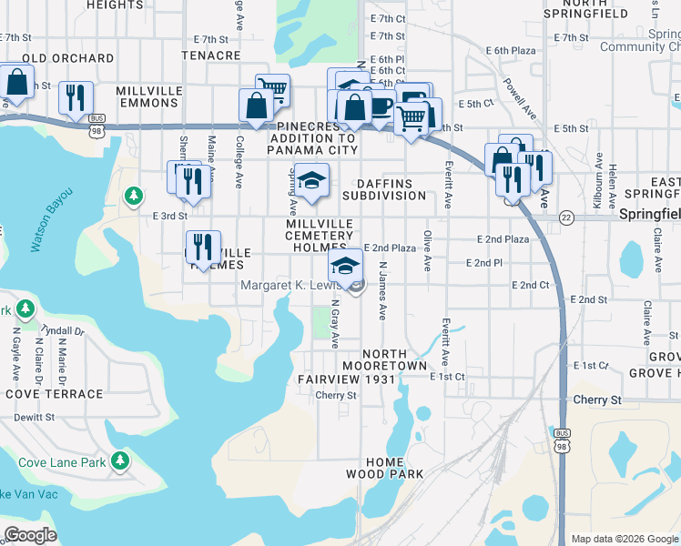 map of restaurants, bars, coffee shops, grocery stores, and more near 228 North Gray Avenue in Panama City