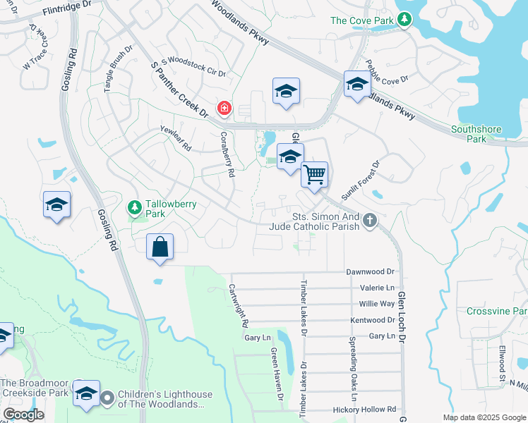 map of restaurants, bars, coffee shops, grocery stores, and more near 3500 Tangle Brush Drive in The Woodlands