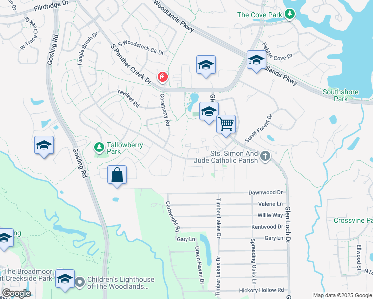 map of restaurants, bars, coffee shops, grocery stores, and more near 3500 Tangle Brush Drive in The Woodlands