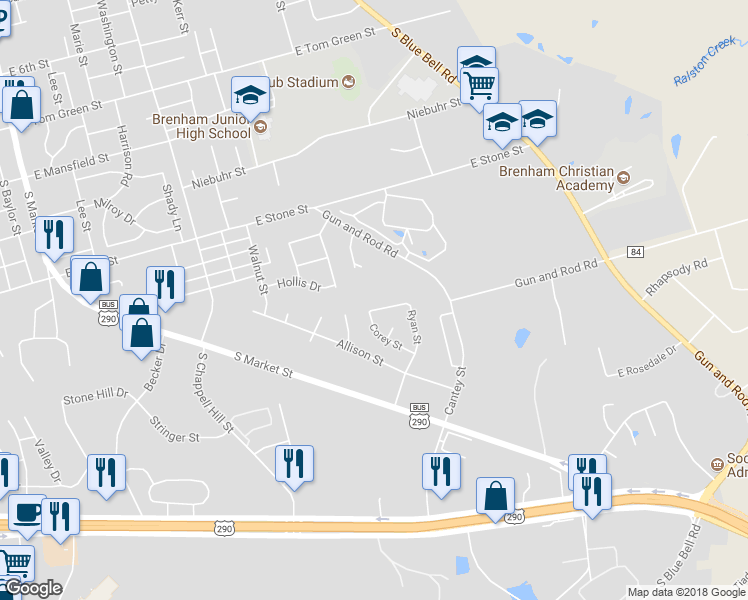 map of restaurants, bars, coffee shops, grocery stores, and more near 1405 Victoria Street in Brenham