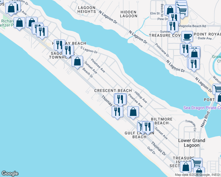 map of restaurants, bars, coffee shops, grocery stores, and more near 6120 Sunset Avenue in Panama City