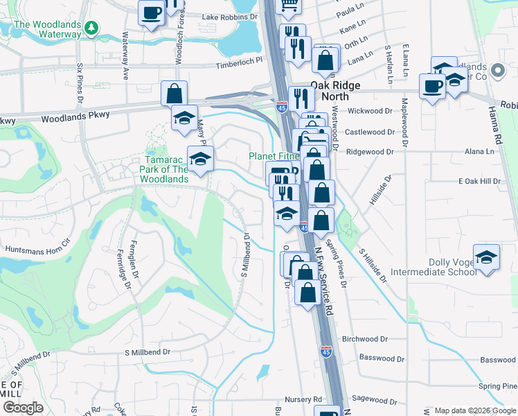 map of restaurants, bars, coffee shops, grocery stores, and more near 26 Woodhaven Wood Drive in Spring