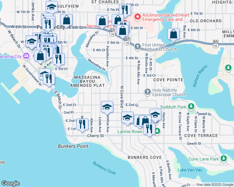 map of restaurants, bars, coffee shops, grocery stores, and more near E 2nd Place East in Panama City