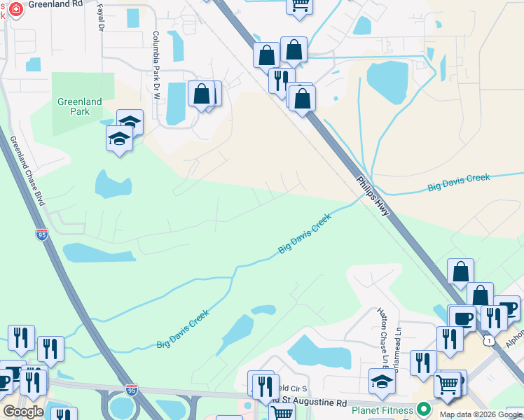 map of restaurants, bars, coffee shops, grocery stores, and more near 12194 Hazelmoor Court in Jacksonville
