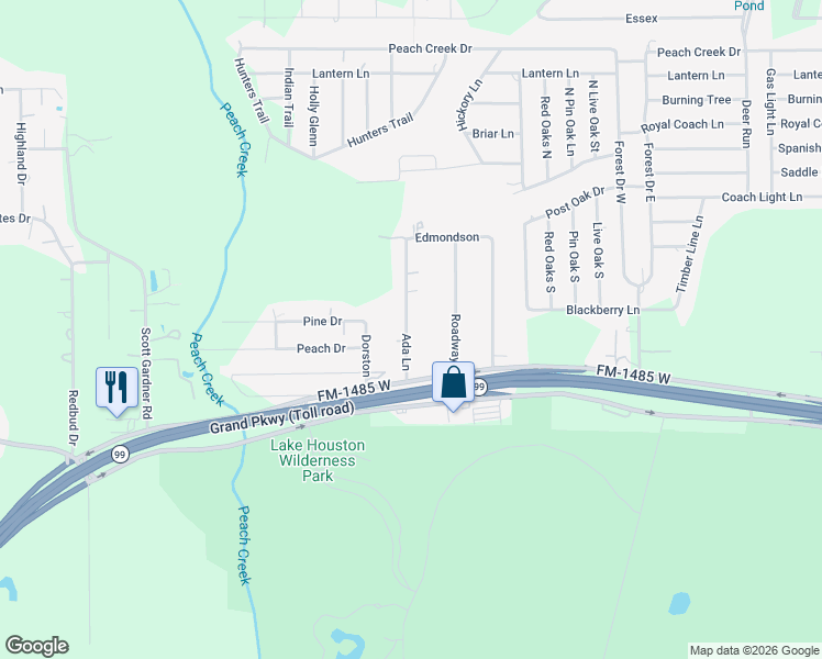 map of restaurants, bars, coffee shops, grocery stores, and more near 20217 Ada Lane in New Caney
