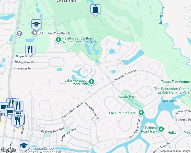 map of restaurants, bars, coffee shops, grocery stores, and more near 34 Johnathan Landing Court in Spring