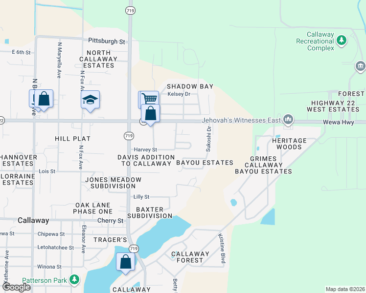 map of restaurants, bars, coffee shops, grocery stores, and more near 19 Nelle Street in Callaway