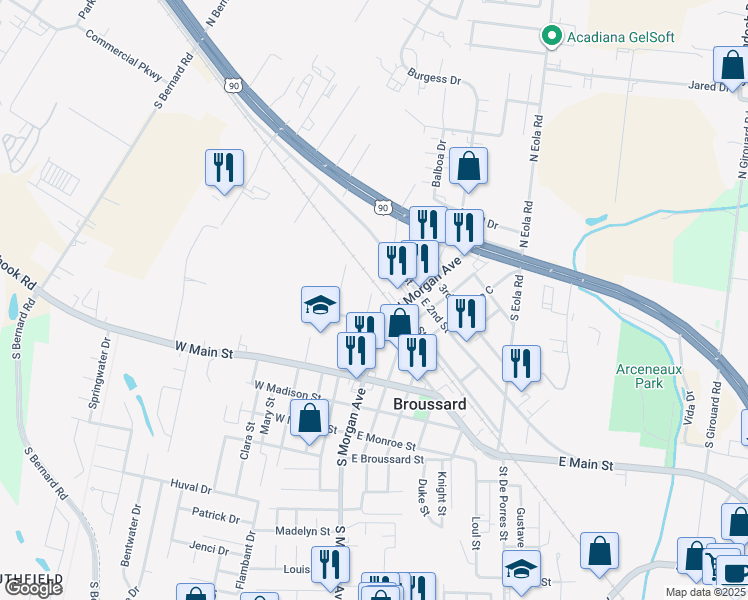 map of restaurants, bars, coffee shops, grocery stores, and more near 112 North Saint Pierre Street in Broussard