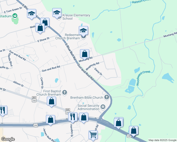 map of restaurants, bars, coffee shops, grocery stores, and more near 2501 Rhapsody Road in Brenham
