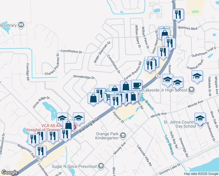 map of restaurants, bars, coffee shops, grocery stores, and more near 622 Filmore Street in Orange Park
