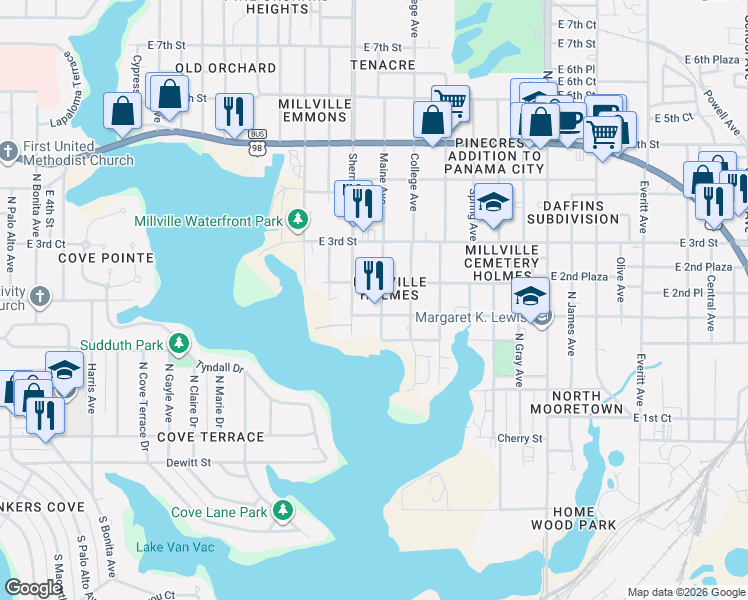 map of restaurants, bars, coffee shops, grocery stores, and more near 216 Maine Avenue in Panama City