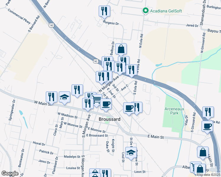 map of restaurants, bars, coffee shops, grocery stores, and more near 109 3rd Street in Broussard