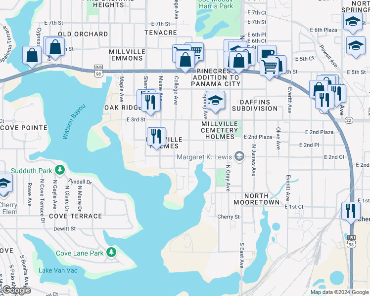 map of restaurants, bars, coffee shops, grocery stores, and more near 213 North Center Avenue in Panama City