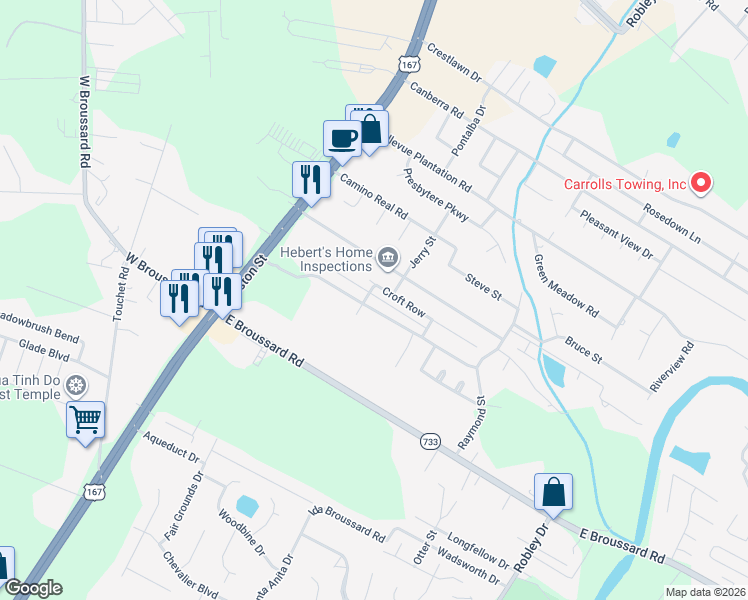 map of restaurants, bars, coffee shops, grocery stores, and more near 302 Croft Row in Lafayette