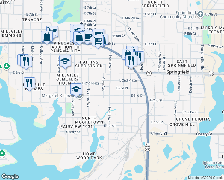 map of restaurants, bars, coffee shops, grocery stores, and more near 222 Everitt Avenue in Panama City