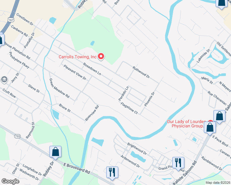 map of restaurants, bars, coffee shops, grocery stores, and more near 912 Canberra Road in Lafayette