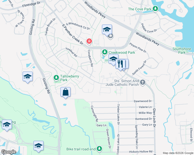 map of restaurants, bars, coffee shops, grocery stores, and more near 80 South Waxberry Road in The Woodlands