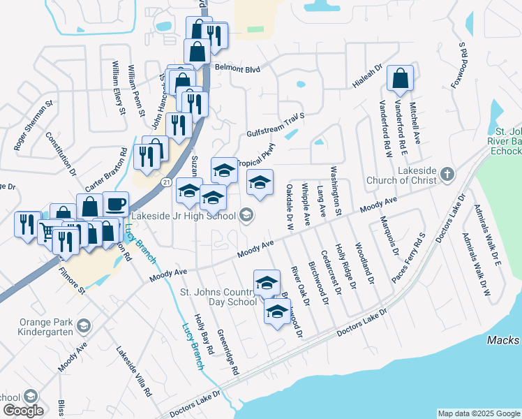map of restaurants, bars, coffee shops, grocery stores, and more near 2750 Moody Avenue in Orange Park