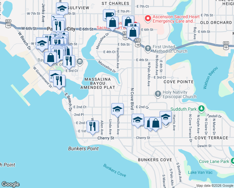 map of restaurants, bars, coffee shops, grocery stores, and more near 301 Hamilton Avenue in Panama City