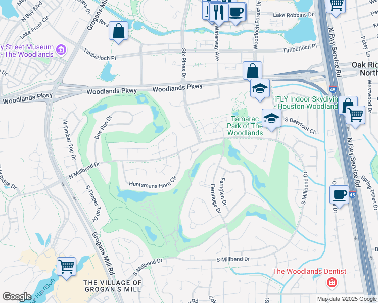 map of restaurants, bars, coffee shops, grocery stores, and more near 19 Fairway Oaks Place in Spring