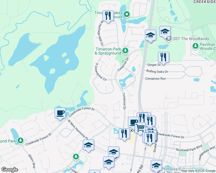map of restaurants, bars, coffee shops, grocery stores, and more near 18 Cohasset Place in Tomball