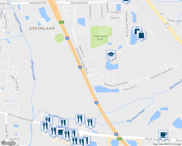 map of restaurants, bars, coffee shops, grocery stores, and more near 6282 Falbridge Court in Jacksonville