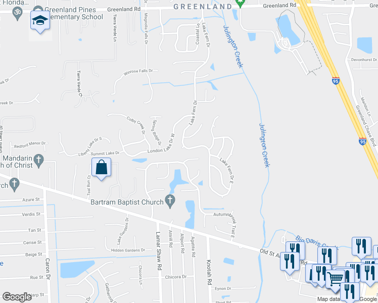 map of restaurants, bars, coffee shops, grocery stores, and more near 12116 Lake Fern Drive in Jacksonville